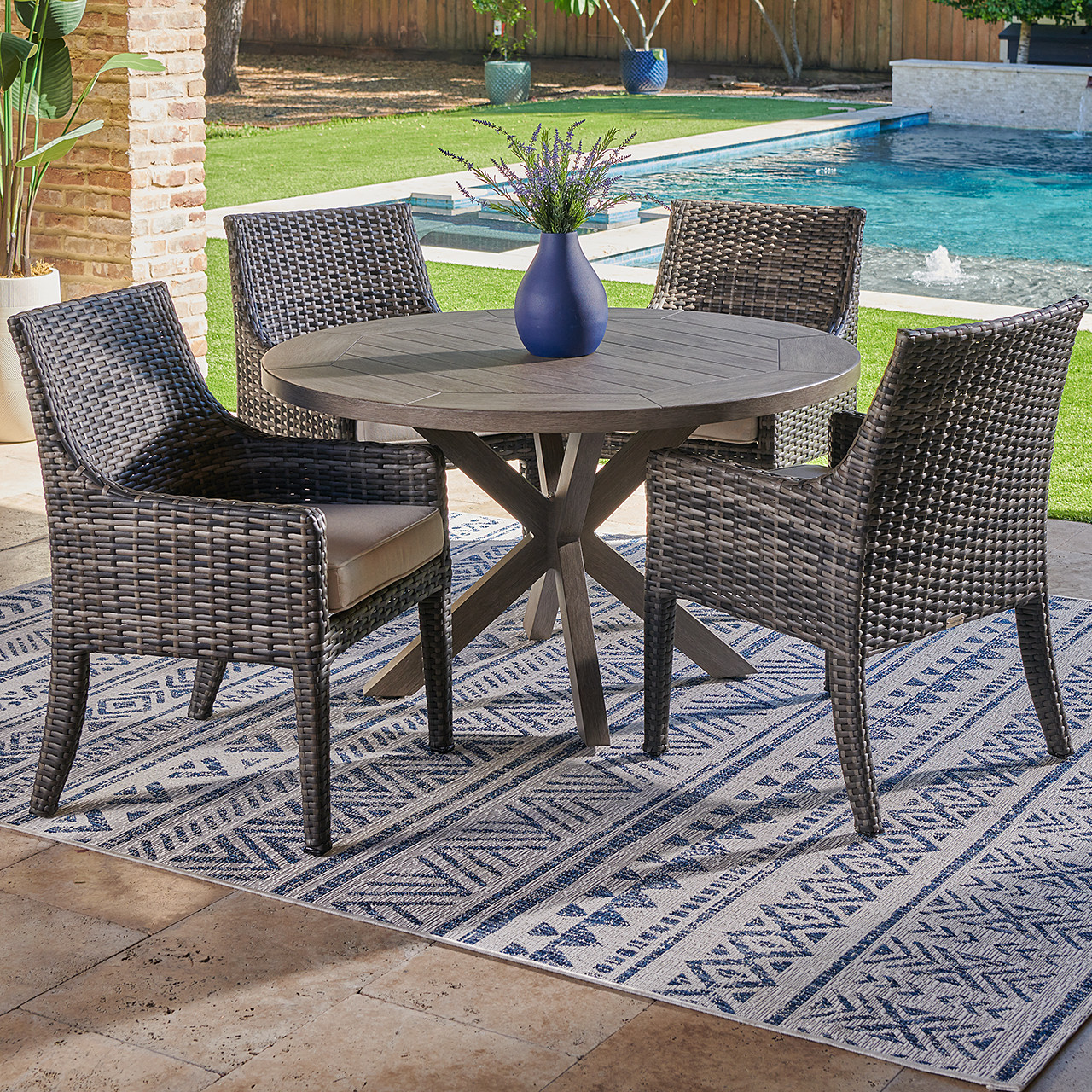 Tangiers Outdoor Wicker with Cushions 5 Piece Arm Dining Set + 48 in. D Table