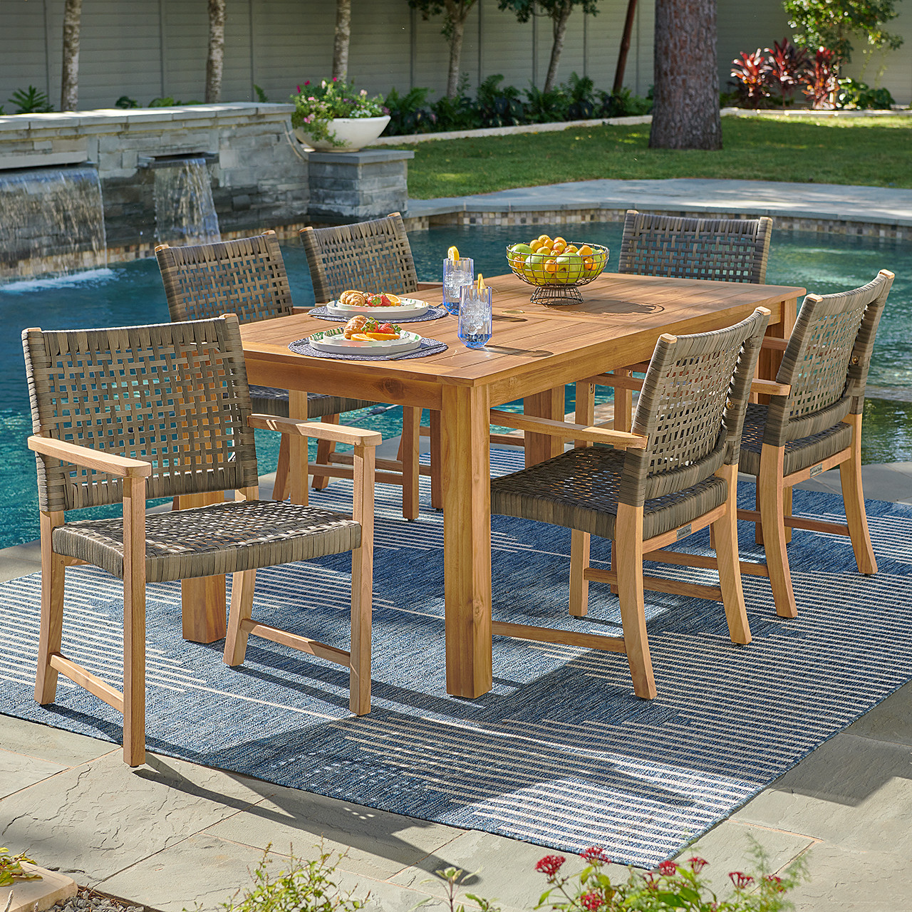 Hampton Driftwood Outdoor Wicker and Solid Teak 7 Piece Arm Dining
