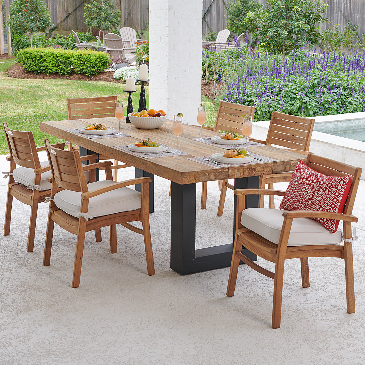 Warwick Teak with Cushions 7 Piece Dining Set + Balencia 84 x 40 in. Table