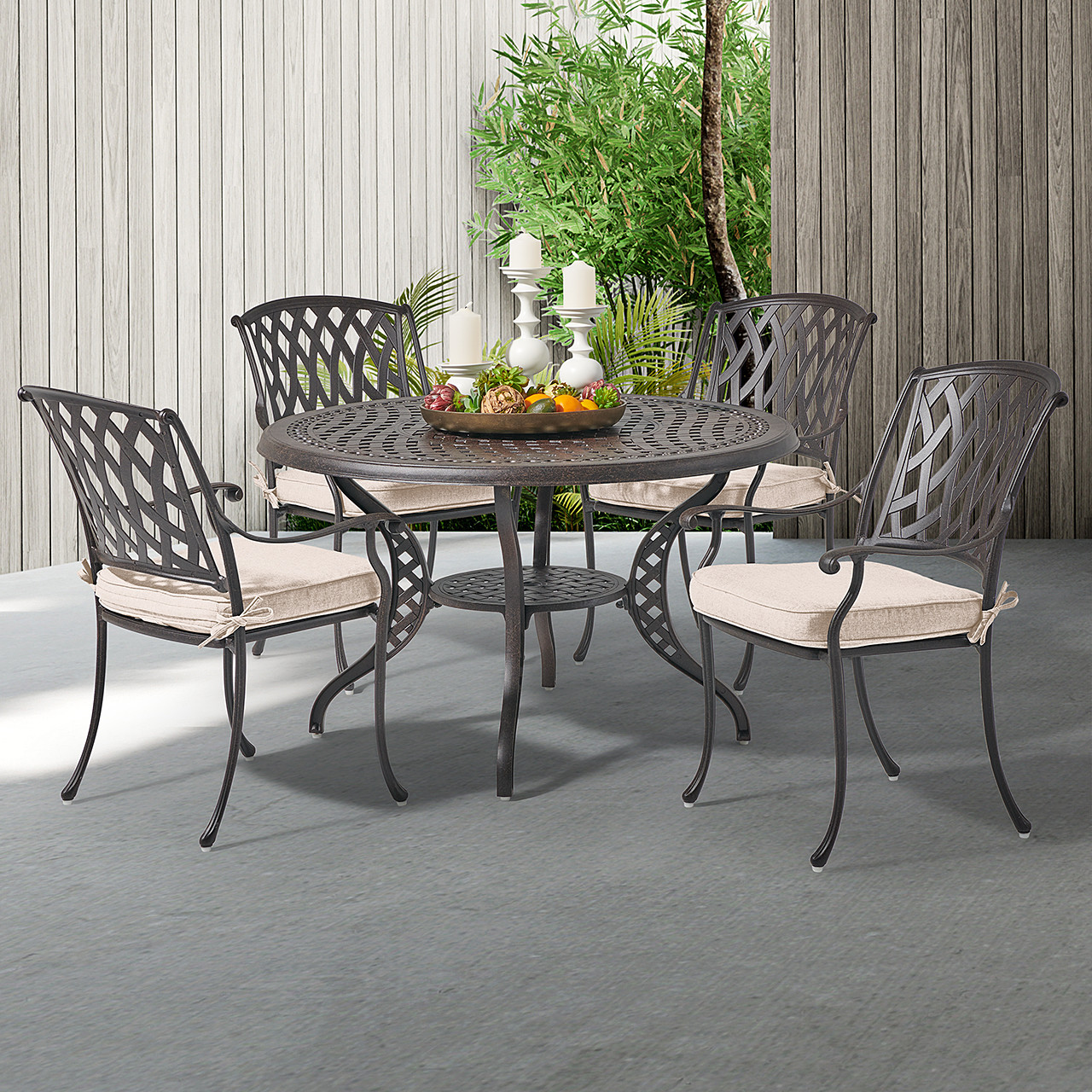 Tivoli Aged Bronze Cast Aluminum with Cushions 5 Piece Dining Set + 48 in. D Table