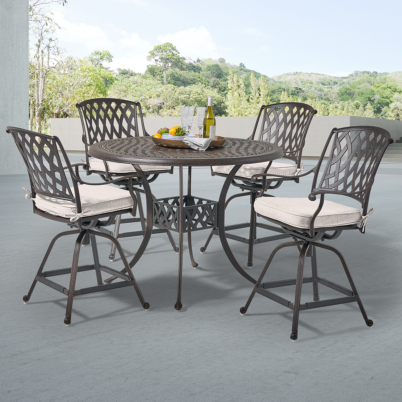 Tivoli Aged Bronze Cast Aluminum with Cushions 5 Piece Swivel Gathering Height Set + 48 in. D Gathering Height Table