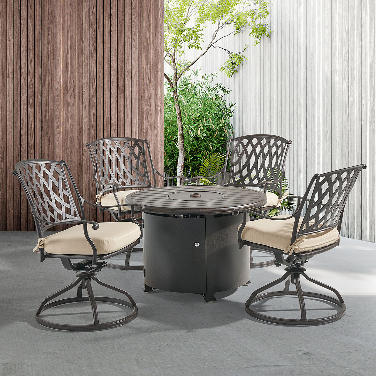 Tivoli Aged Bronze Cast Aluminum with Cushions 5 Piece Swivel Chat Set with 36 in. D Fire Pit Table