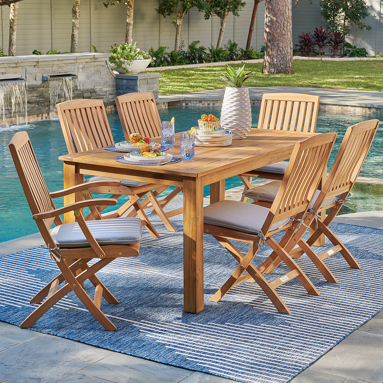 Westport Teak with Cushions 7 Piece Combo Dining Set + Oxford 71 x 36 in. Table