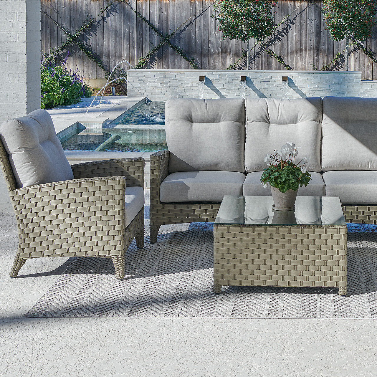 Gramercy Sea Grey Outdoor Wicker with Cast Silver Cushions 3 Piece Sofa Set + 32 in. Sq. Coffee Table