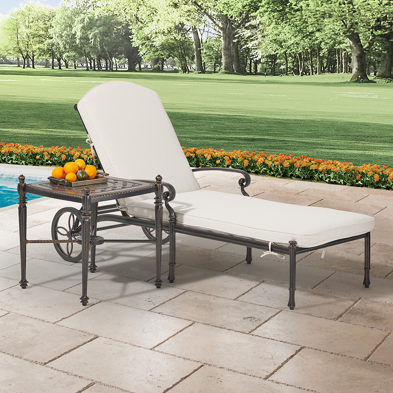 Melrose Midnight Gold Cast Aluminum with Cushions 2 Piece Chaise Lounge Set + 21 in. Sq. Side Table