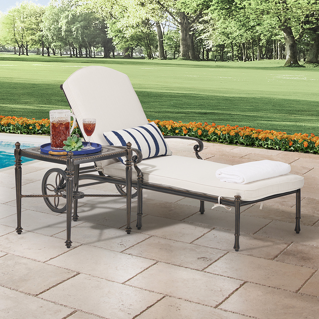 Melrose Midnight Gold Cast Aluminum with Cushions 2 Piece Chaise Lounge Set + 21 in. Sq. Side Table