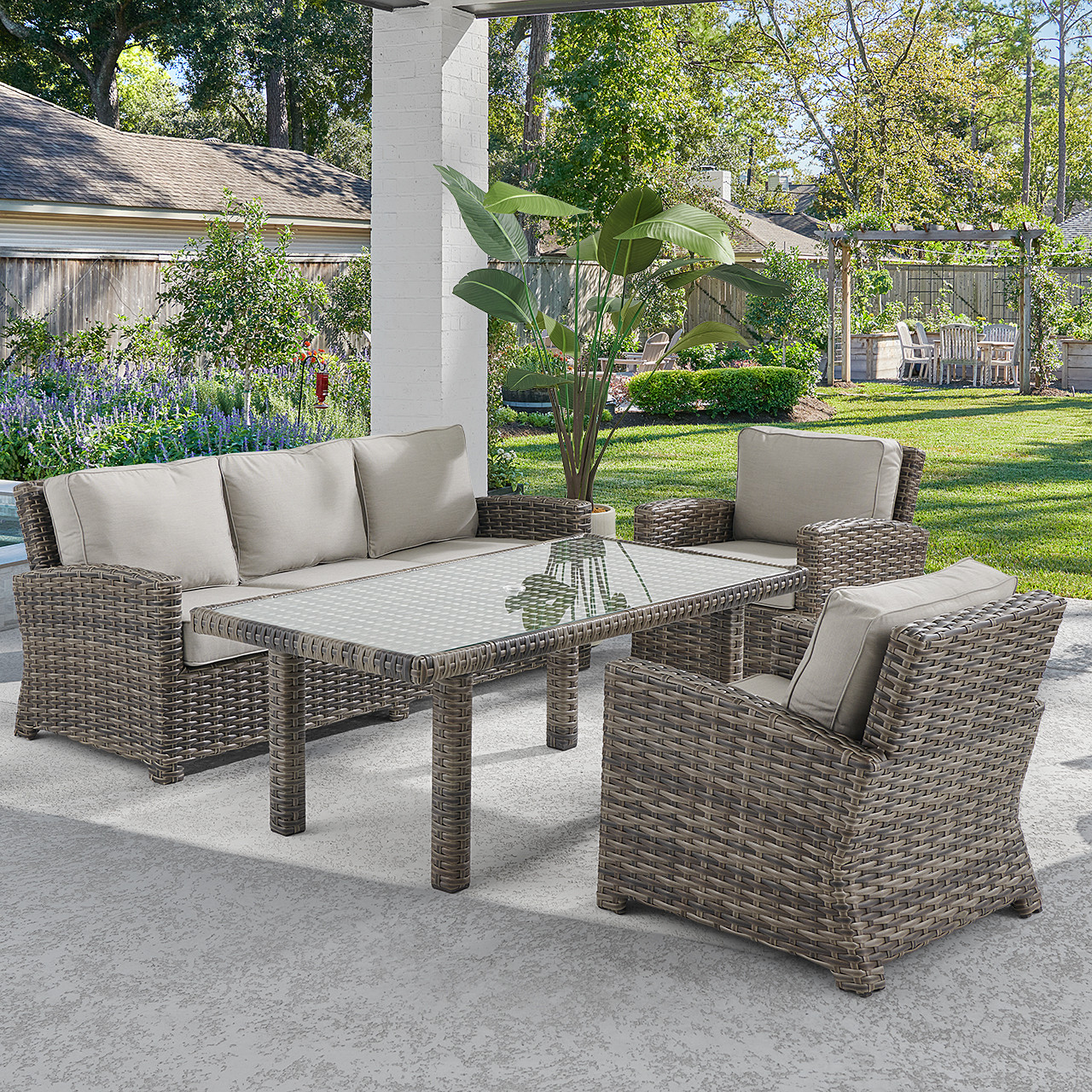 Contempo Husk Outdoor Wicker with Cushions 4 Pc. Sofa Group + 65 x 34 in. Lounge Dining Table