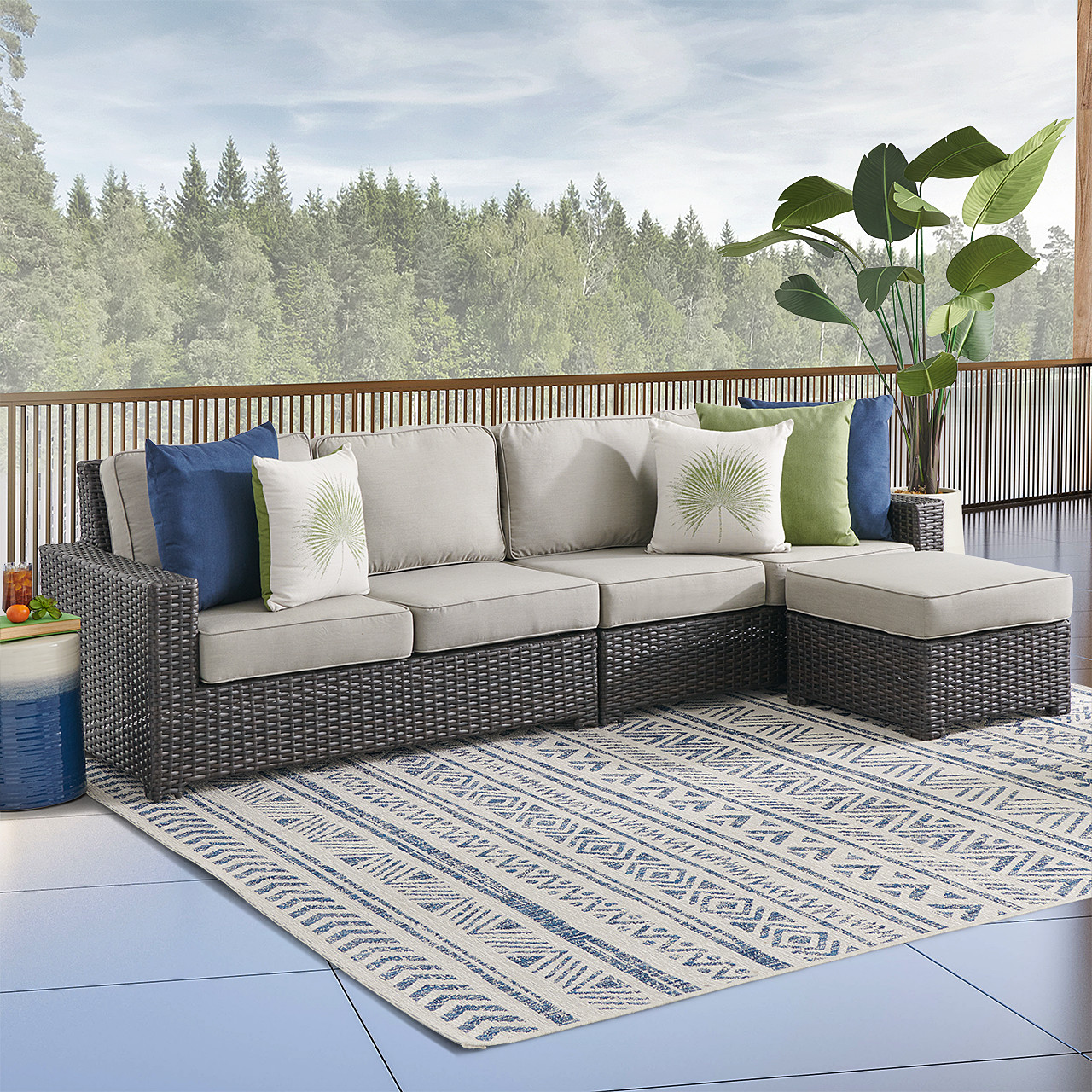 San Lucas Dark Elm Outdoor Wicker with Cushions 3 Piece Sectional Group + 22.75 in. Rect. Ottoman