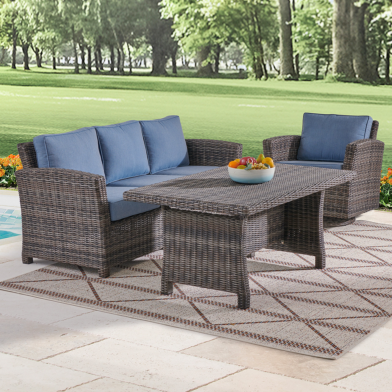 Venice Silver Oak Outdoor Wicker with Cushions 3 Piece Swivel Sofa Group + 59 x 32 in. Woven Top Lounge Table