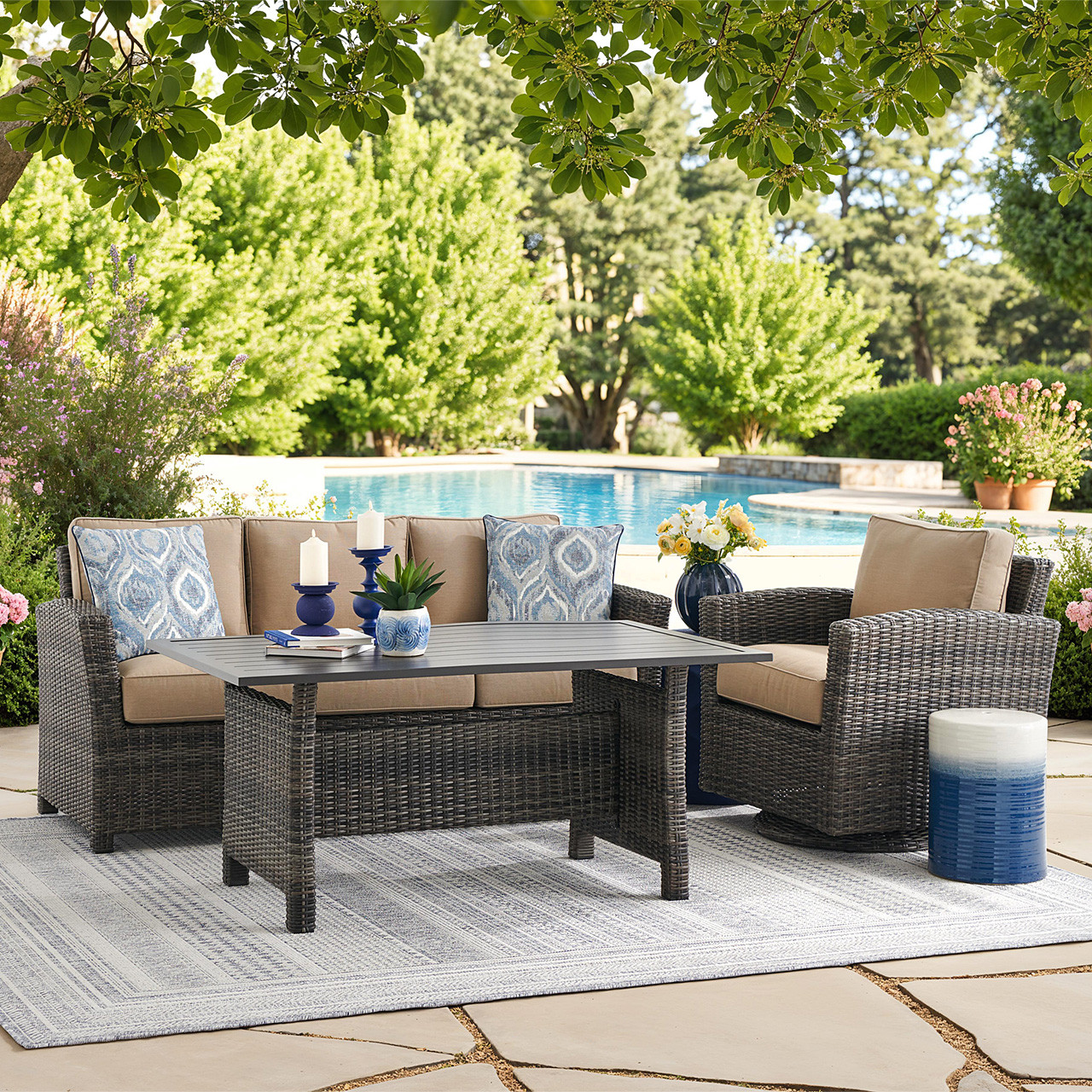 Venice Silver Oak Outdoor Wicker with Cushions 3 Piece Swivel Sofa Group + 59 x 32 in. Aluminum Top Lounge Table