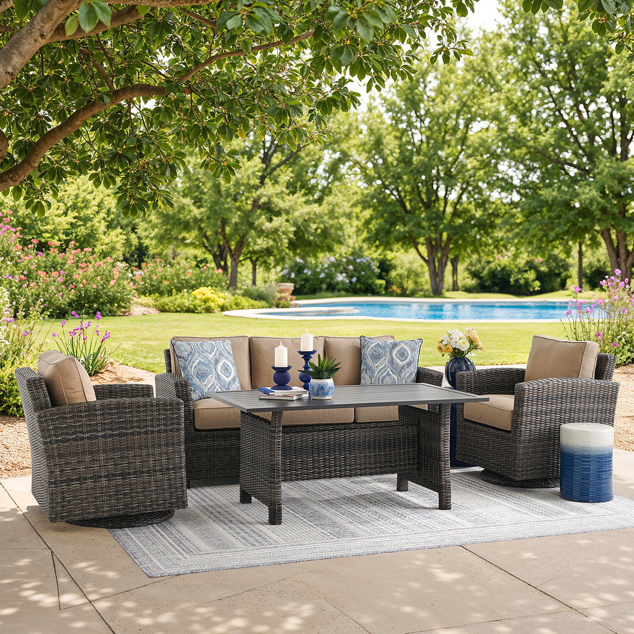 Venice Silver Oak Outdoor Wicker with Cushions 4 Piece Swivel Sofa Group + 59 x 32 in. Aluminum Top Lounge Table