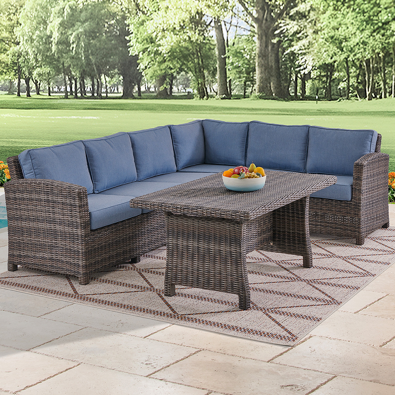 Venice Silver Oak Outdoor Wicker with Cushions 5 Piece Sectional + 59 x 32 in. Woven Top Lounge Table