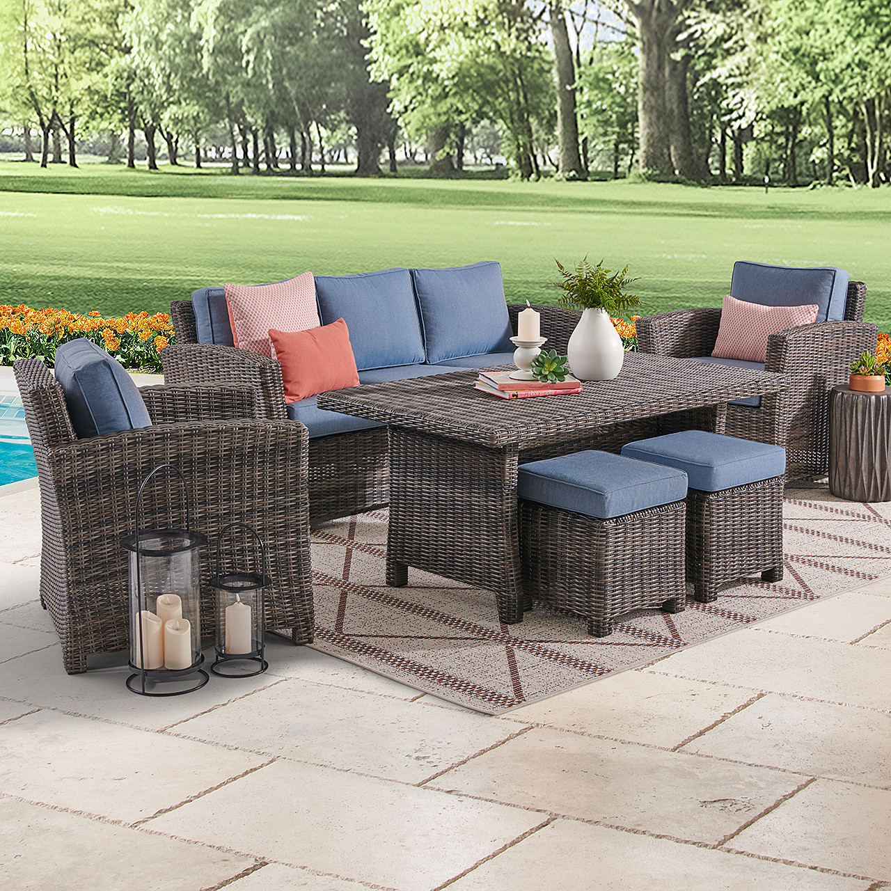 Venice Silver Oak Outdoor Wicker with Cushions 6 Piece Sofa Group + 59 x 32 in. Woven Top Lounge Table