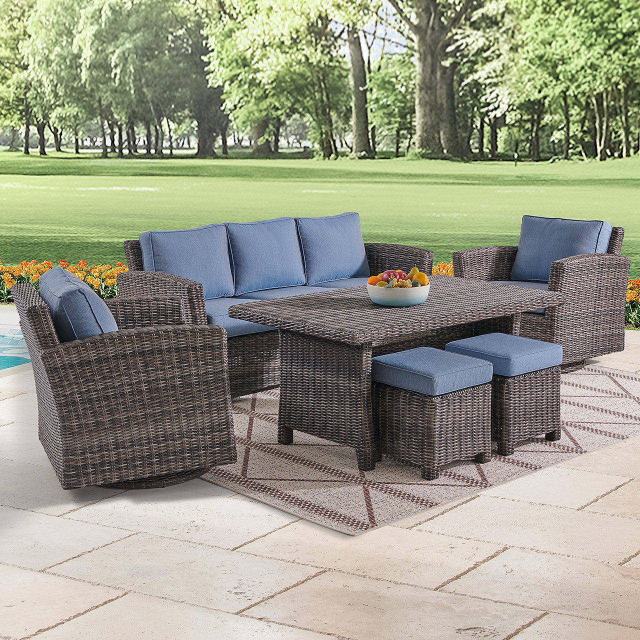 Venice Silver Oak Outdoor Wicker with Cushions 6 Piece Swivel Sofa Group + 59 x 32 in. Woven Top Lounge Table