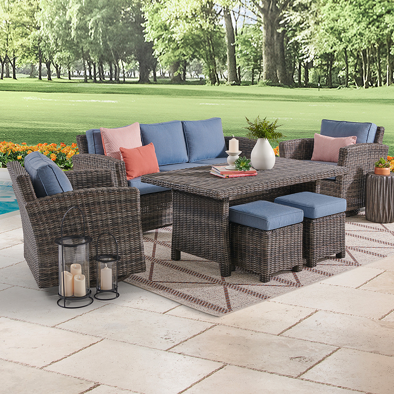 Venice Silver Oak Outdoor Wicker with Cushions 6 Piece Swivel Sofa Group + 59 x 32 in. Woven Top Lounge Table