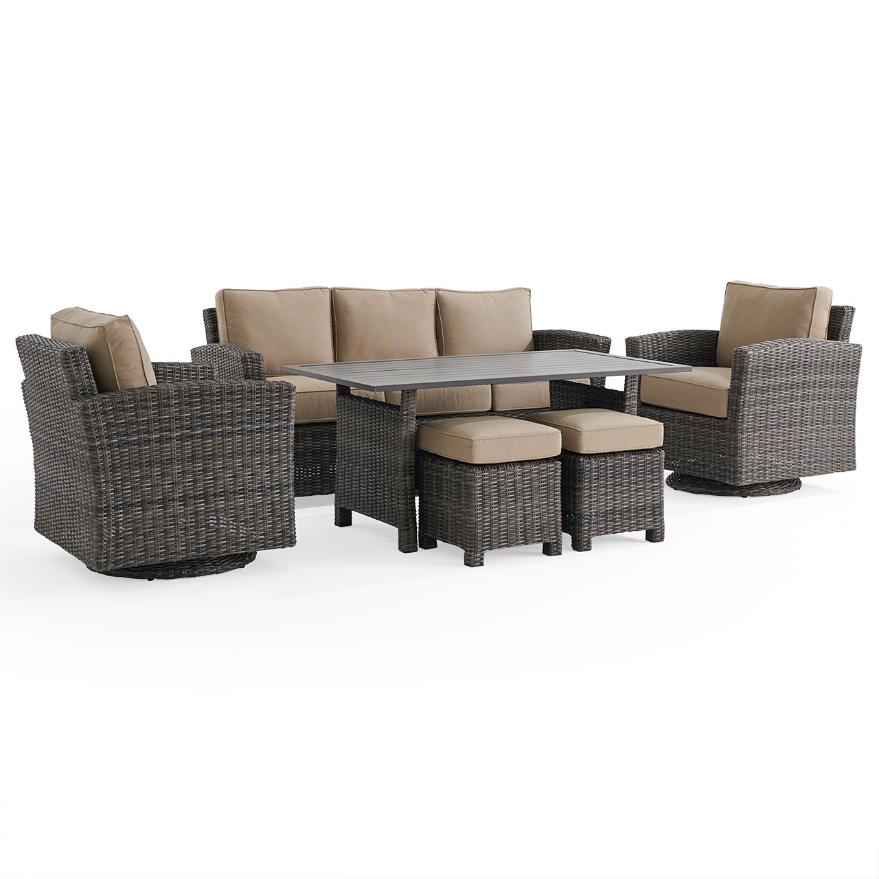 Venice Silver Oak Outdoor Wicker with Cushions 6 Piece Swivel Sofa Group + 59 x 32 in. Woven Top Lounge Table