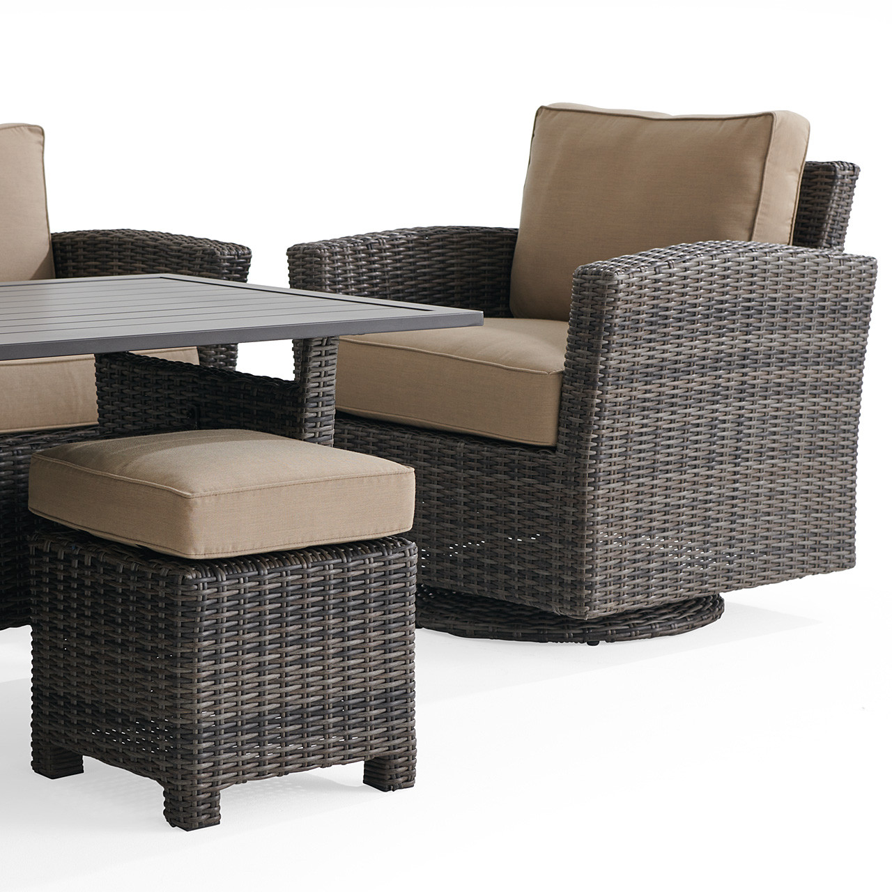 Venice Silver Oak Outdoor Wicker with Cushions 6 Piece Swivel Sofa Group + 59 x 32 in. Woven Top Lounge Table