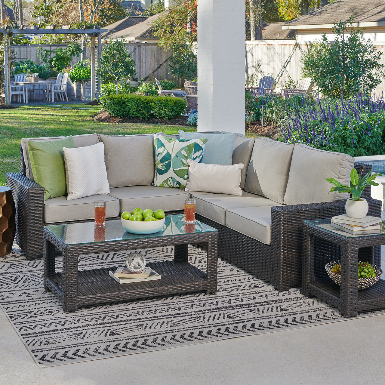 San Lucas Dark Elm Outdoor Wicker with Cushions 4 Piece Sectional + 43 x 23 in. Coffee Table