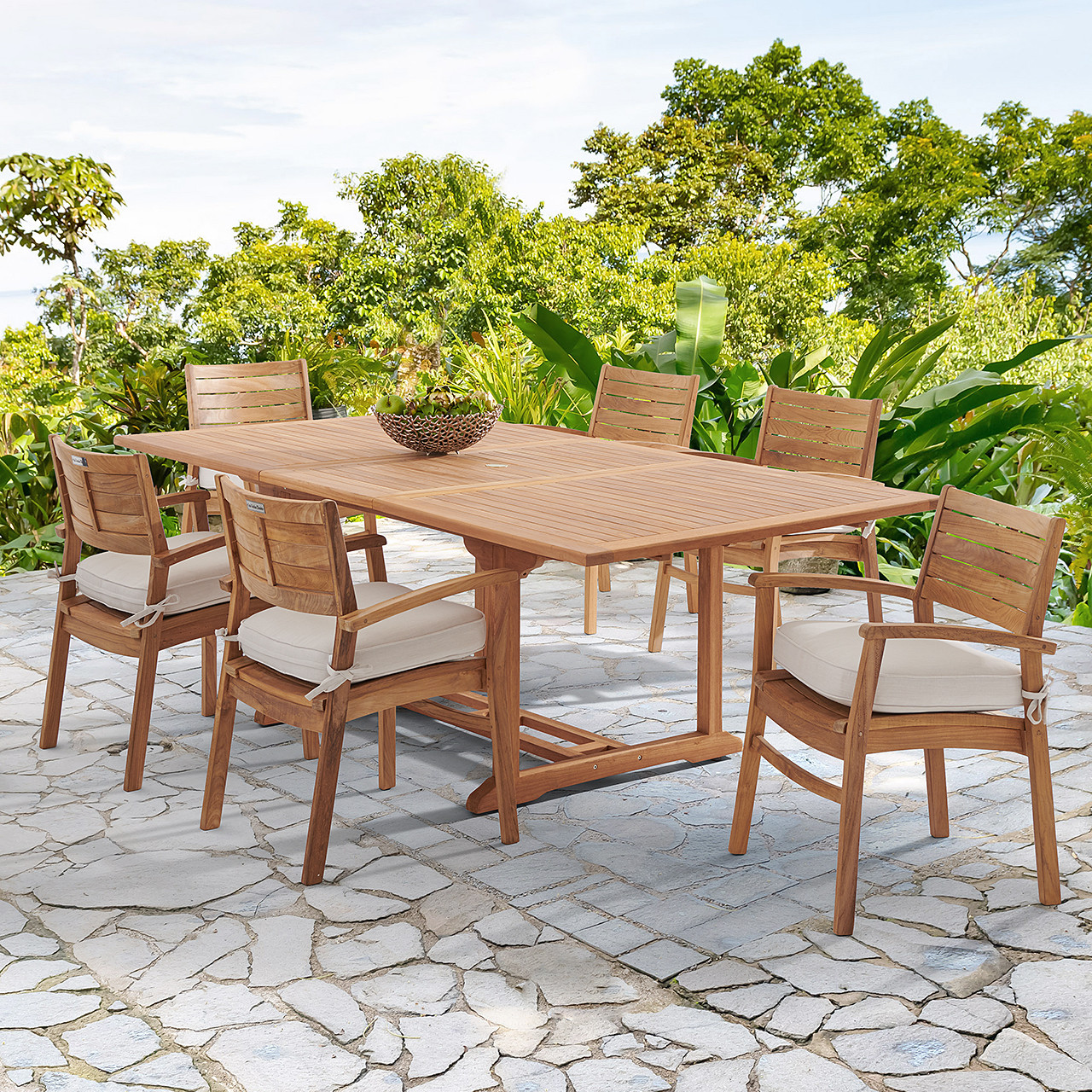 Warwick Teak with Cushions 7 Piece Dining Set + Bristol 67-87 x 47 Table