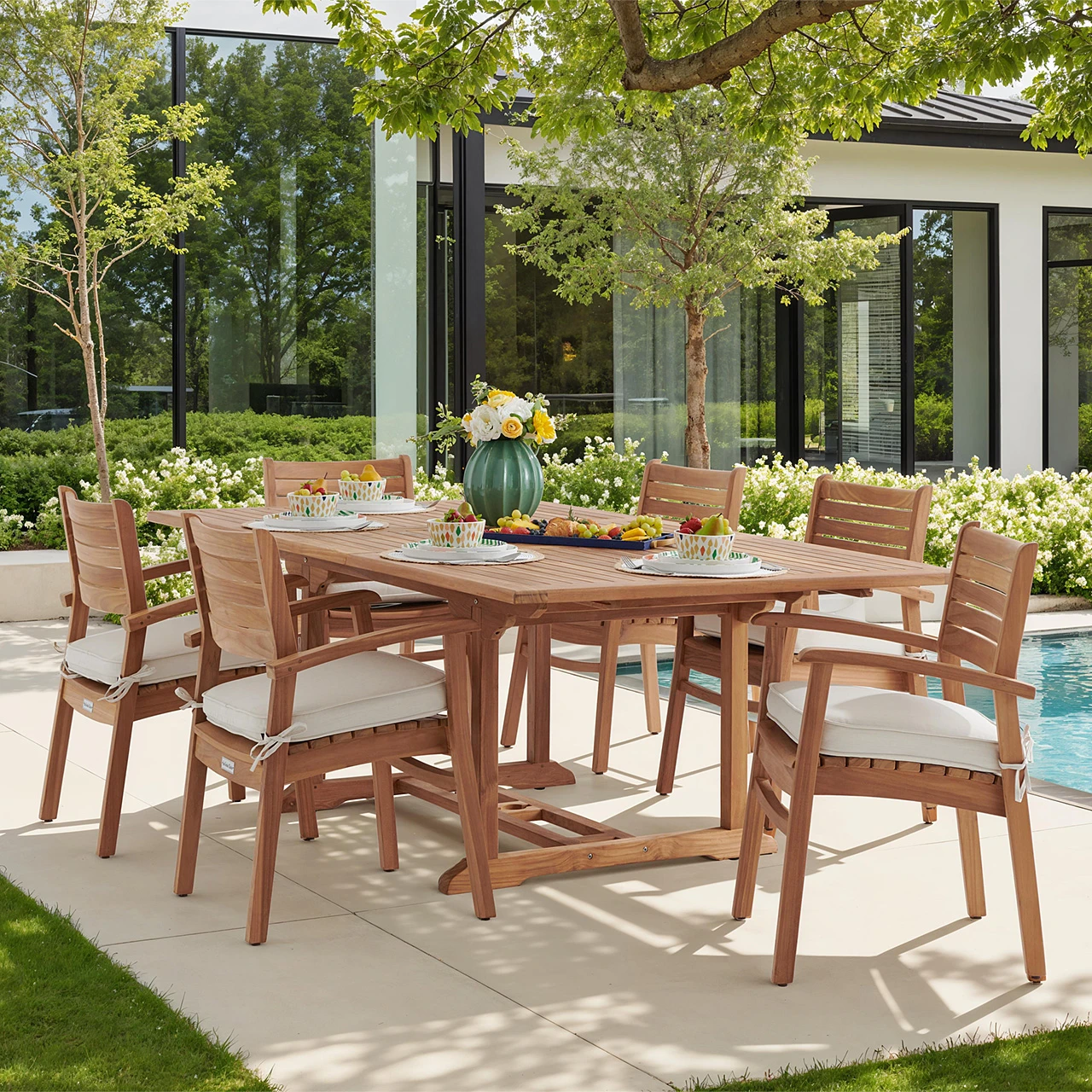 Warwick Teak with Cushions 7 Piece Dining Set + Bristol 67-87 x 47 Table