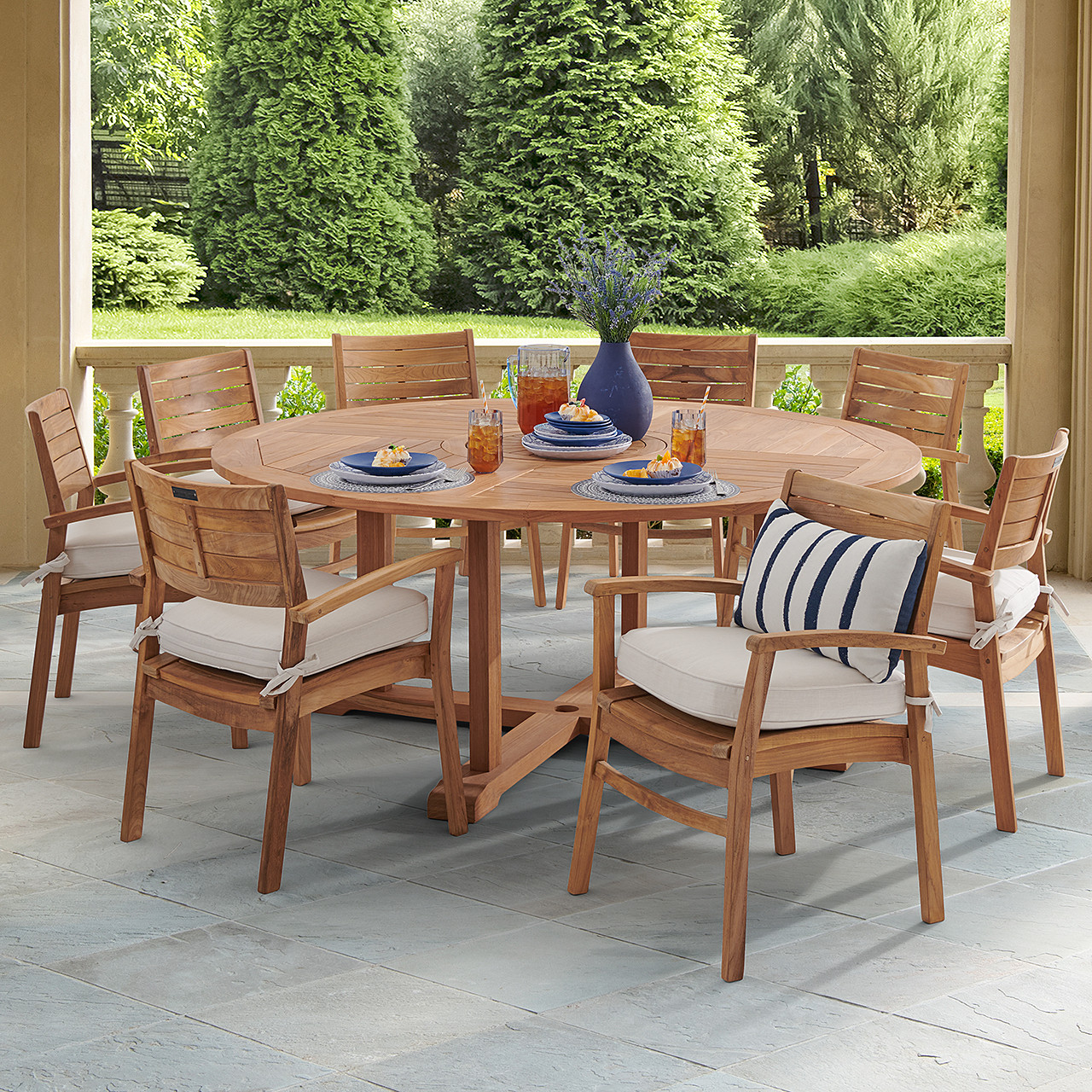 Warwick Teak with Cushions 9 Piece Dining Set + Bristol 70 in. D