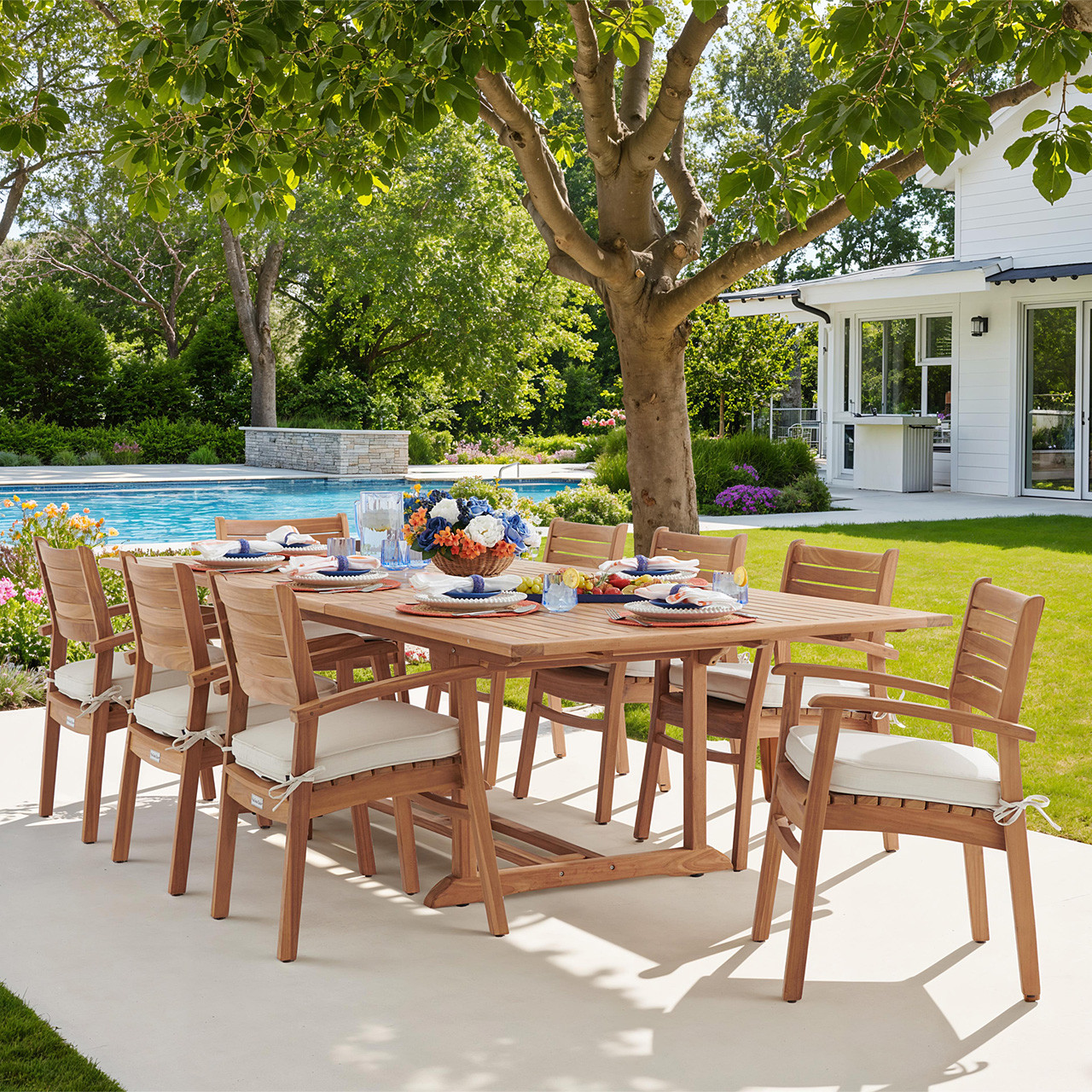 Warwick Teak with Cushions 9 Piece Dining Set + Bristol 87-118 x