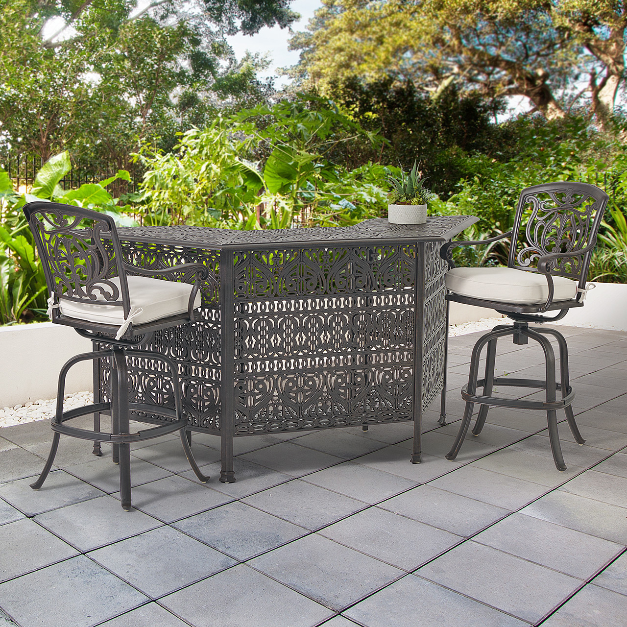 Verona Desert Bronze Cast Aluminum with Cushions 3 Piece Party Set + 82 in. Party Bar