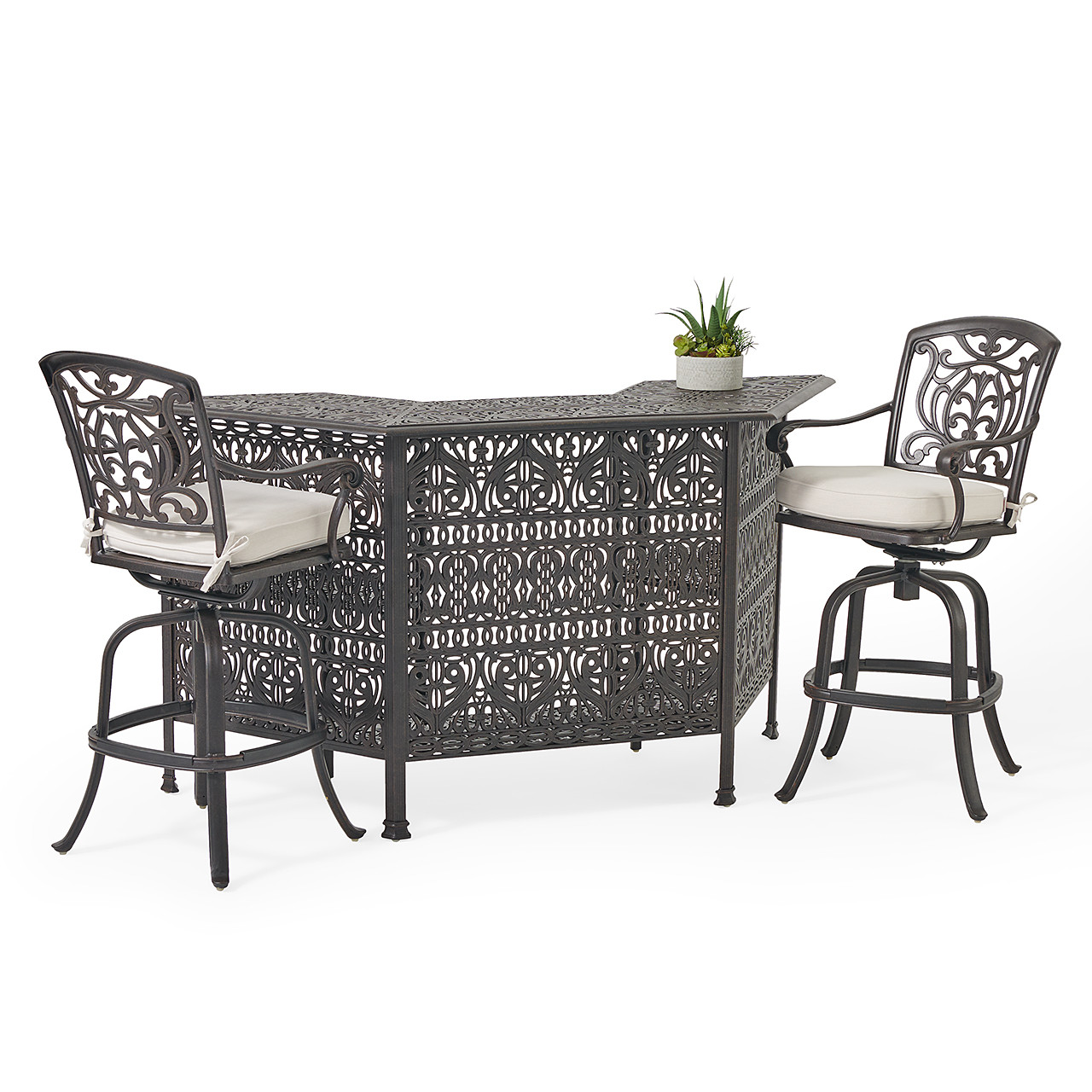 Verona Desert Bronze Cast Aluminum with Cushions 3 Piece Party Set + 82 in. Party Bar