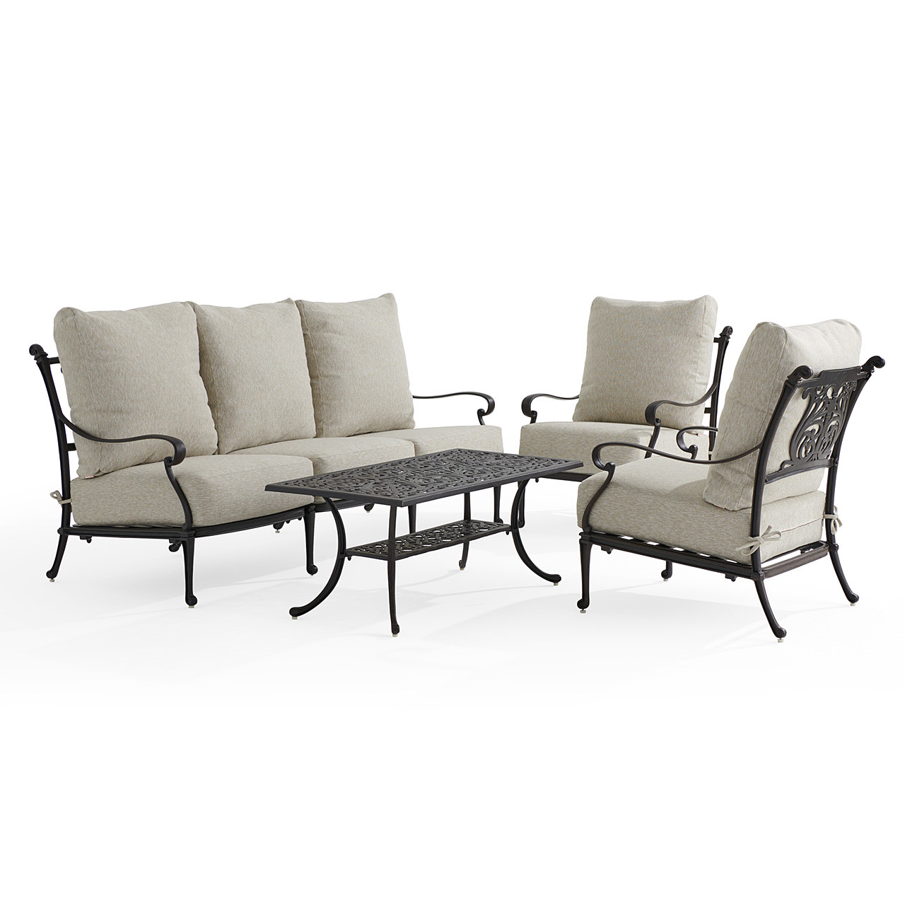 Naples Aged Bronze Cast Aluminum with Estate Cushions 4 Piece Sofa Group + Club Chairs + 45 x 24 in. Coffee Table