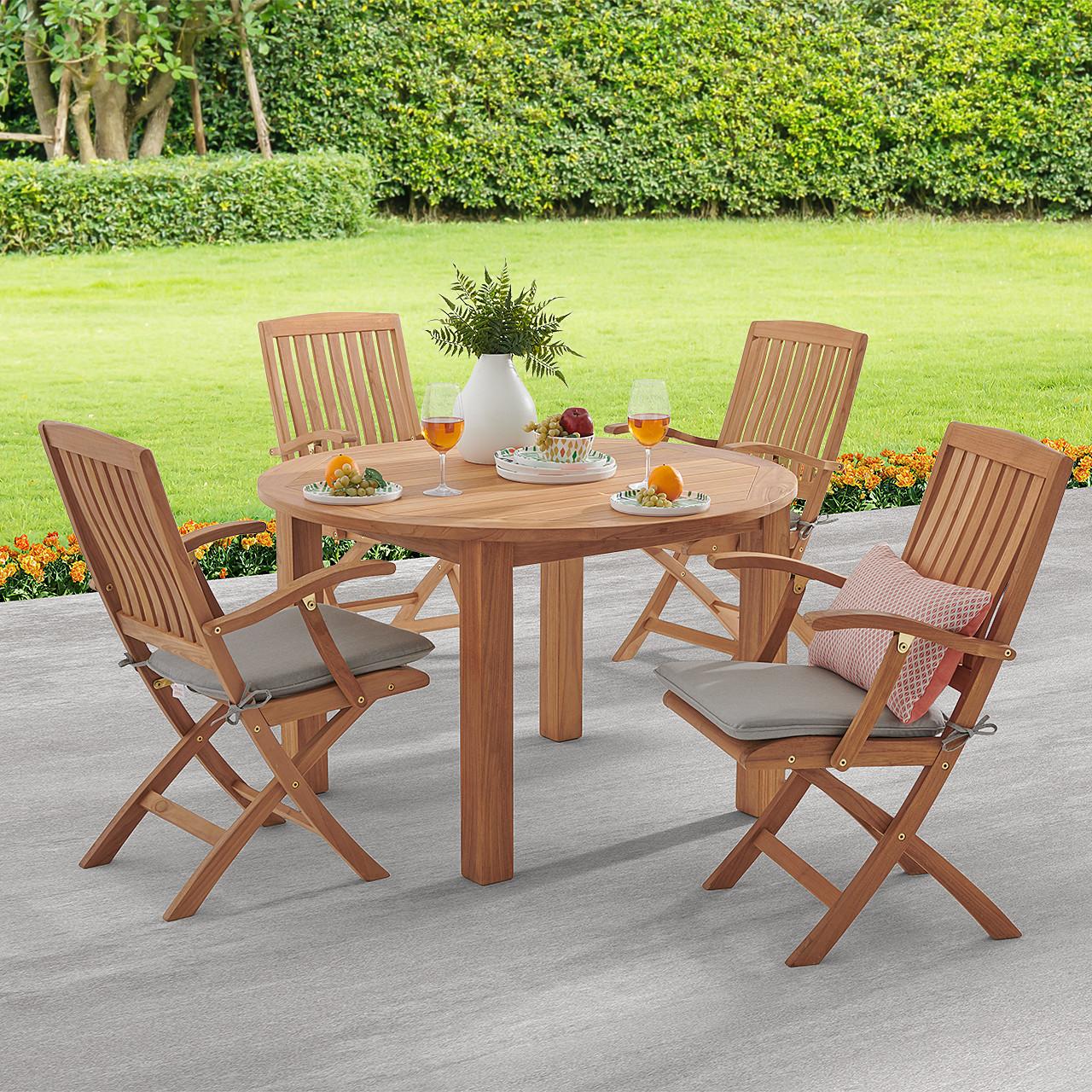 Westport Teak with Cushions 5 Piece Arm Dining Set + Oxford 48 in. D Table