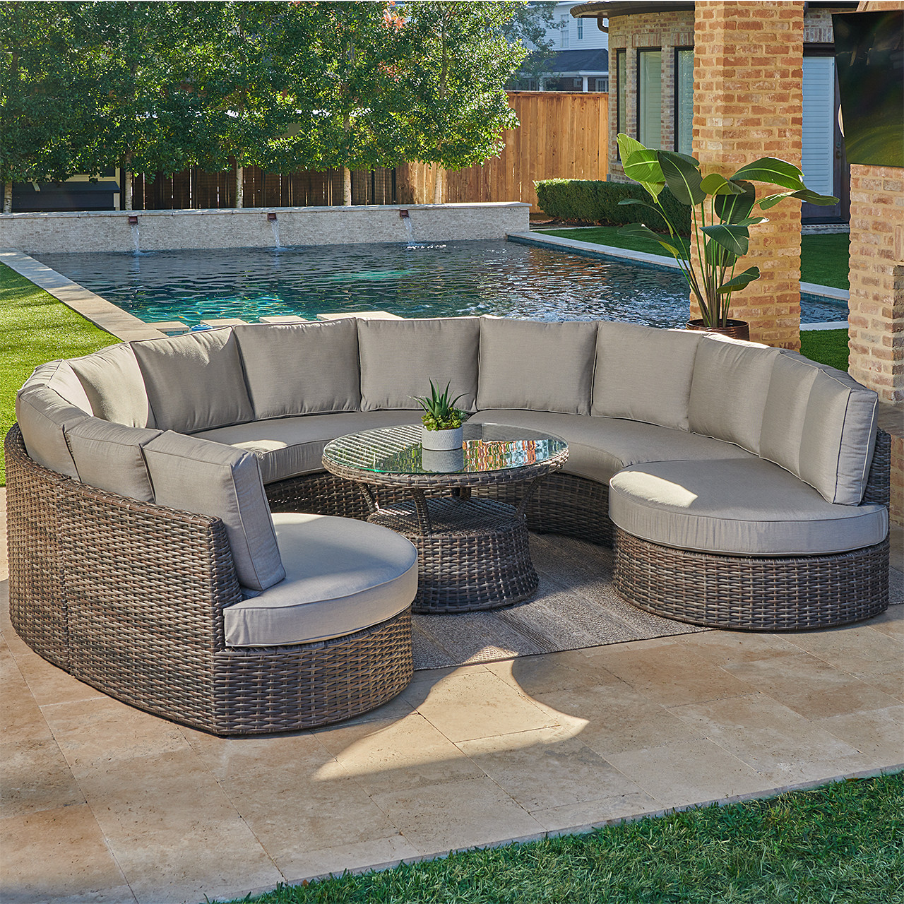 San Lucas Outdoor Wicker with Cushions 6 Piece Cuddle Beds Contour Sectional Group + 42 in. D Coffee Table