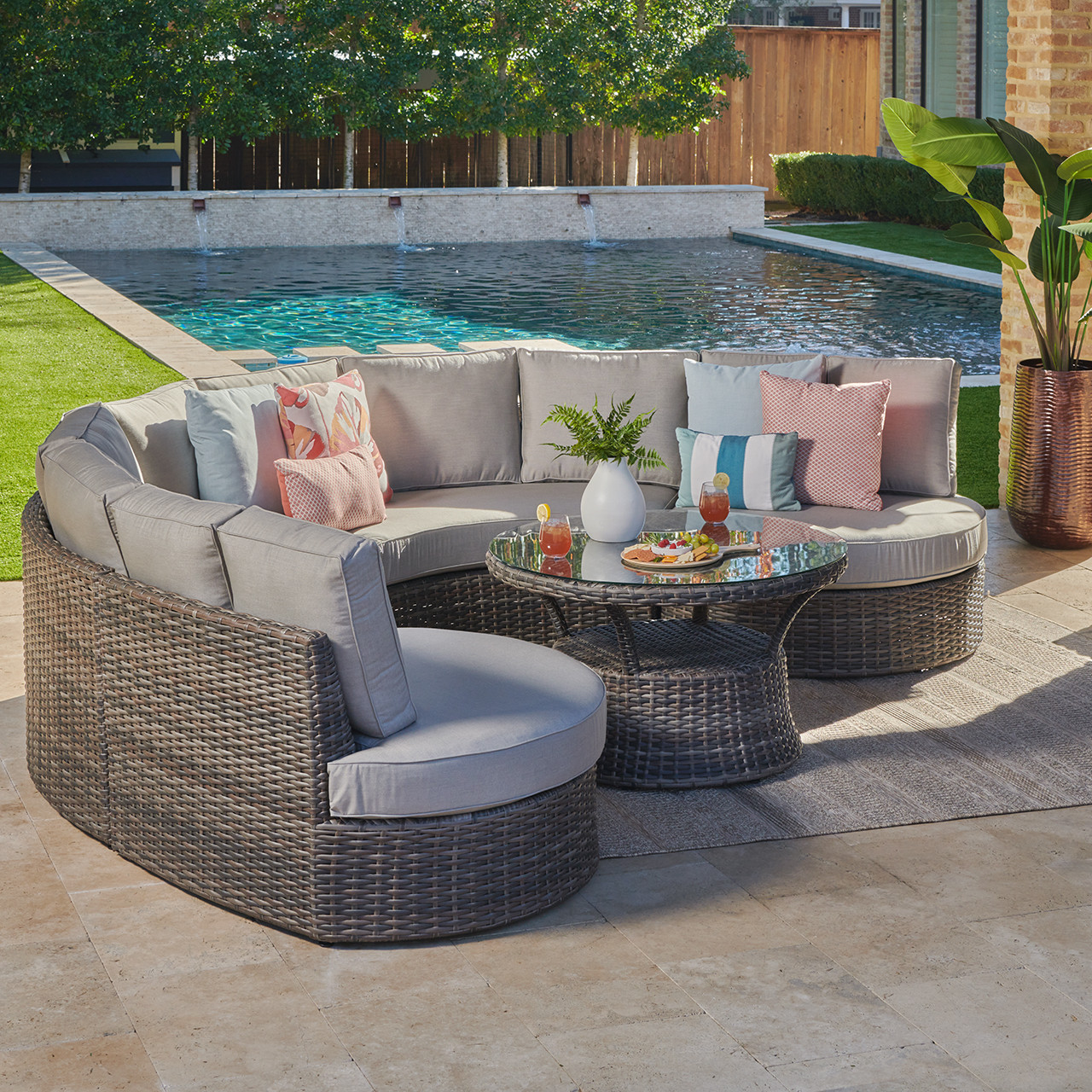 San Lucas Outdoor Wicker with Cushions 5 Piece Cuddle Beds Contour Sectional Group + 42 in. D Coffee Table