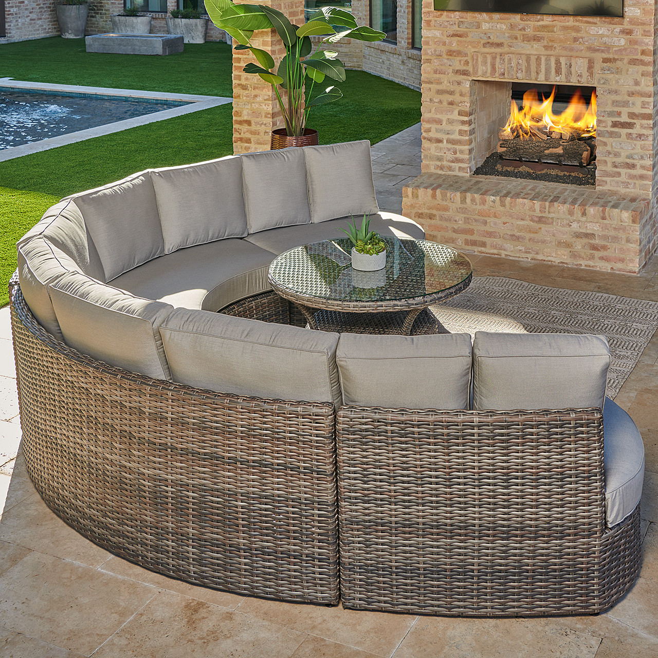 San Lucas Outdoor Wicker with Cushions 5 Piece Cuddle Beds Contour Sectional Group + 42 in. D Coffee Table