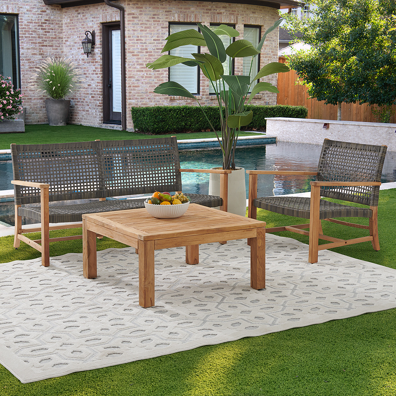 Hampton Driftwood Outdoor Wicker and Solid Teak 3 Piece Loveseat Group + 35 in. Sq. Coffee Table