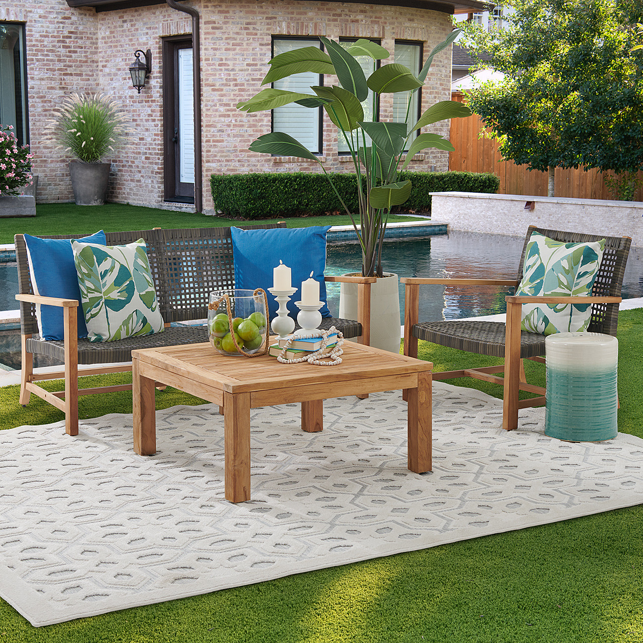 Hampton Driftwood Outdoor Wicker and Solid Teak 3 Piece Loveseat Group + 35 in. Sq. Coffee Table