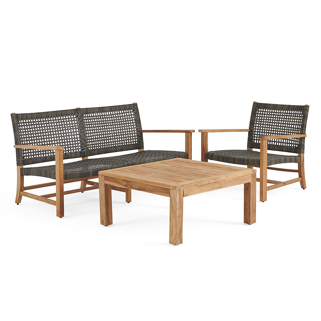 Hampton Driftwood Outdoor Wicker and Solid Teak 3 Piece Loveseat Group + 35 in. Sq. Coffee Table
