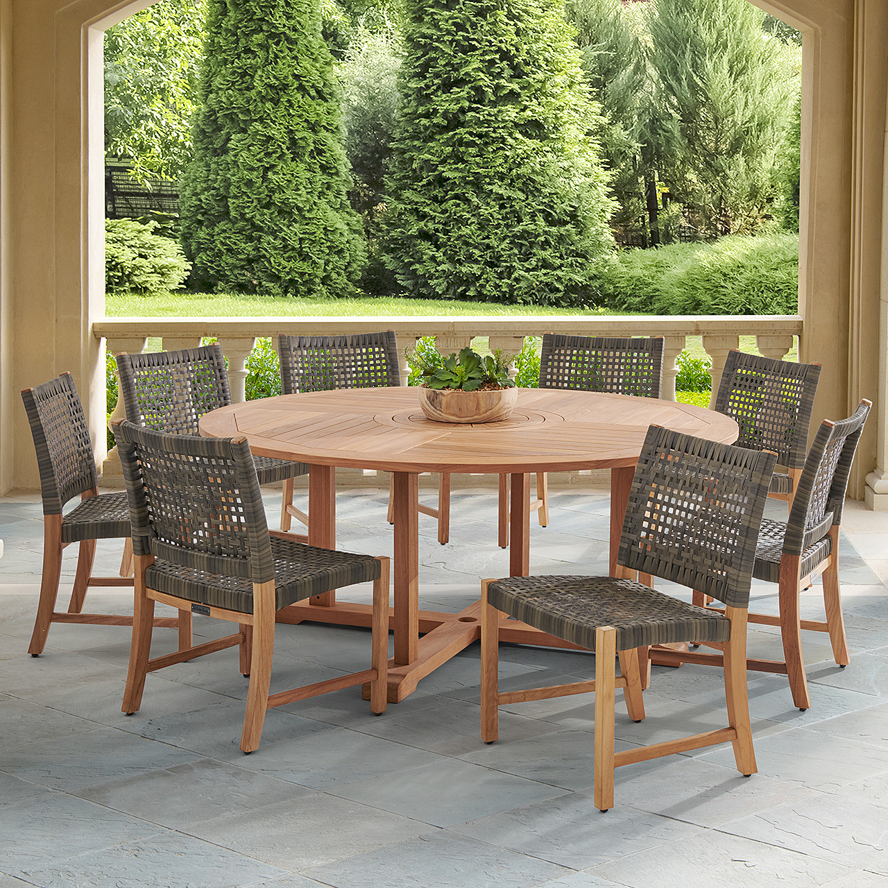 Hampton Driftwood Outdoor Wicker and Solid Teak 9 Piece Side Dining Set + 70 in. D Table