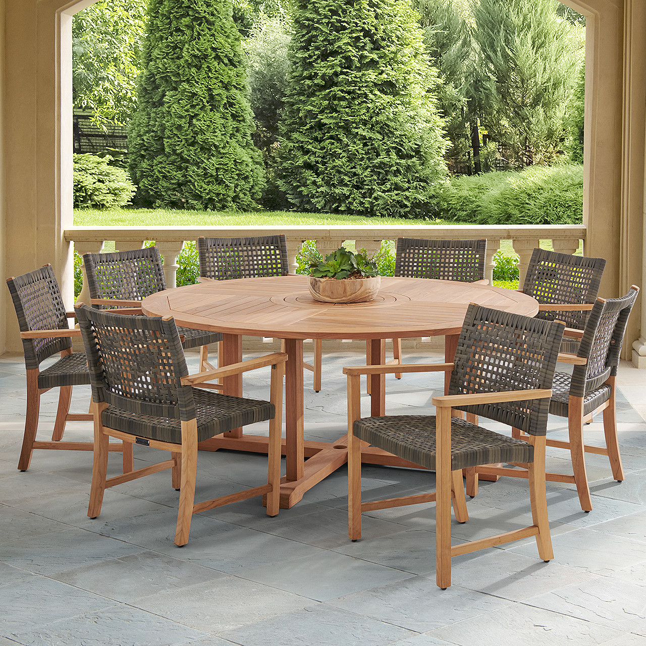 Hampton Driftwood Outdoor Wicker and Solid Teak 9 Piece Arm Dining Set + 70 in. D Table