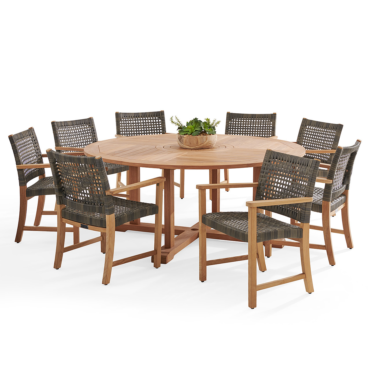 Hampton Driftwood Outdoor Wicker and Solid Teak 9 Piece Arm Dining Set + 70 in. D Table