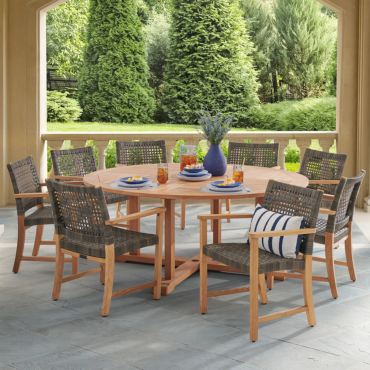 Hampton Driftwood Outdoor Wicker and Solid Teak 9 Piece Arm