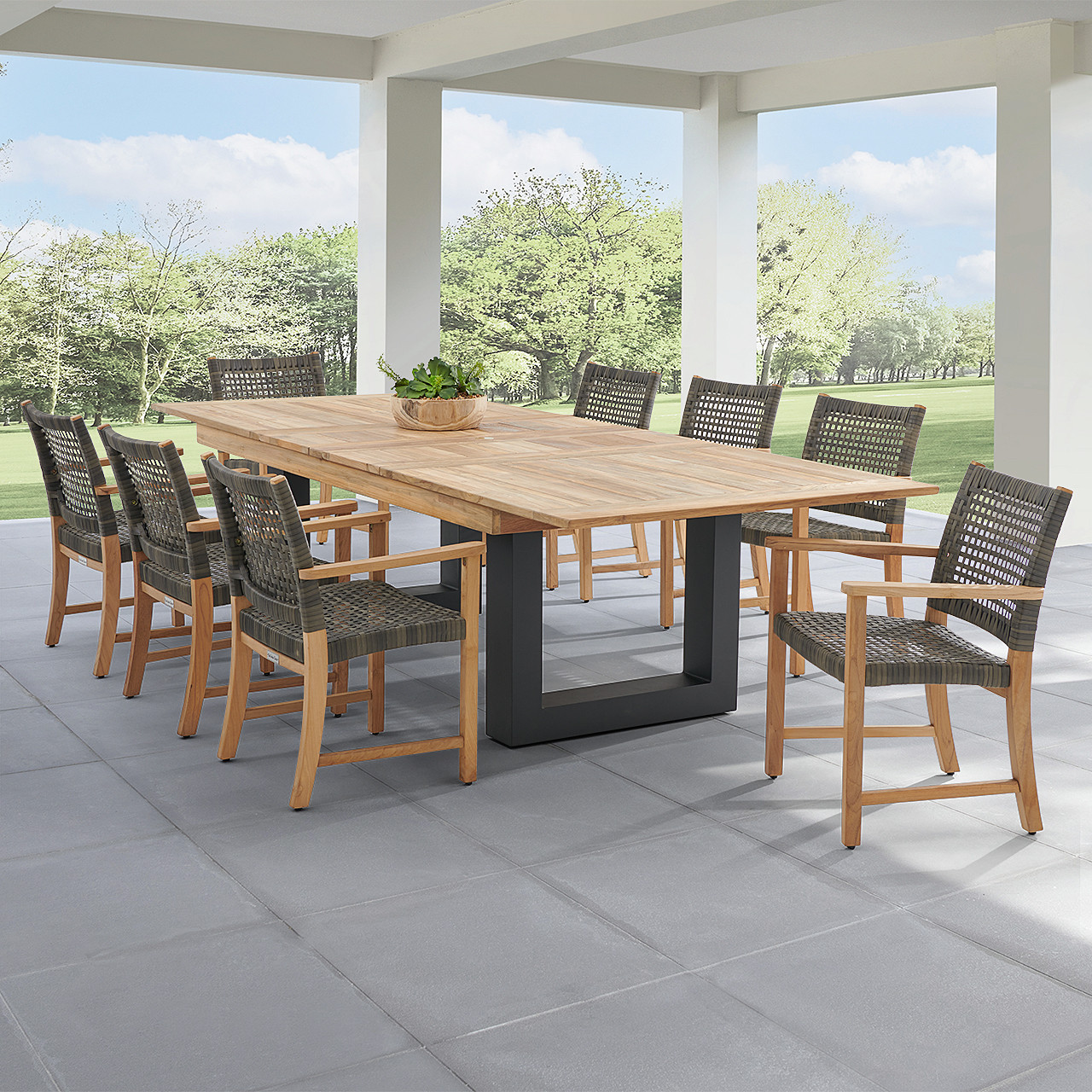 Hampton Driftwood Outdoor Wicker and Solid Teak 9 Piece Arm Dining