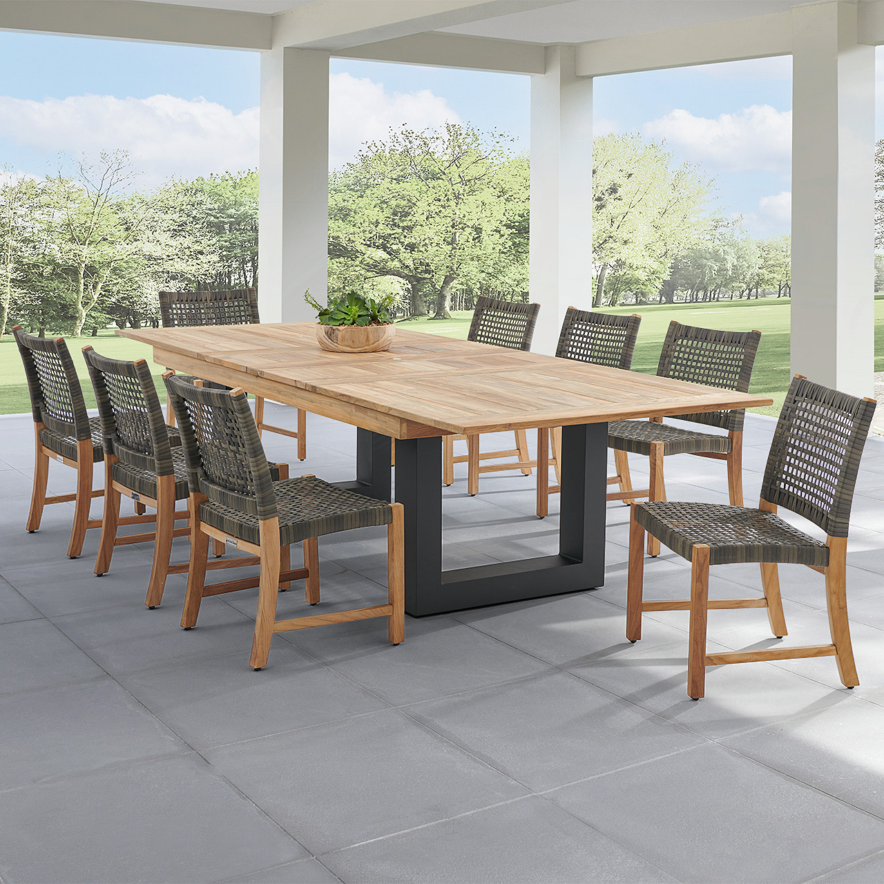 Hampton Driftwood Outdoor Wicker and Solid Teak 9 Piece Side Dining Set + 87-118 x 47 in. Balencia Extension Table