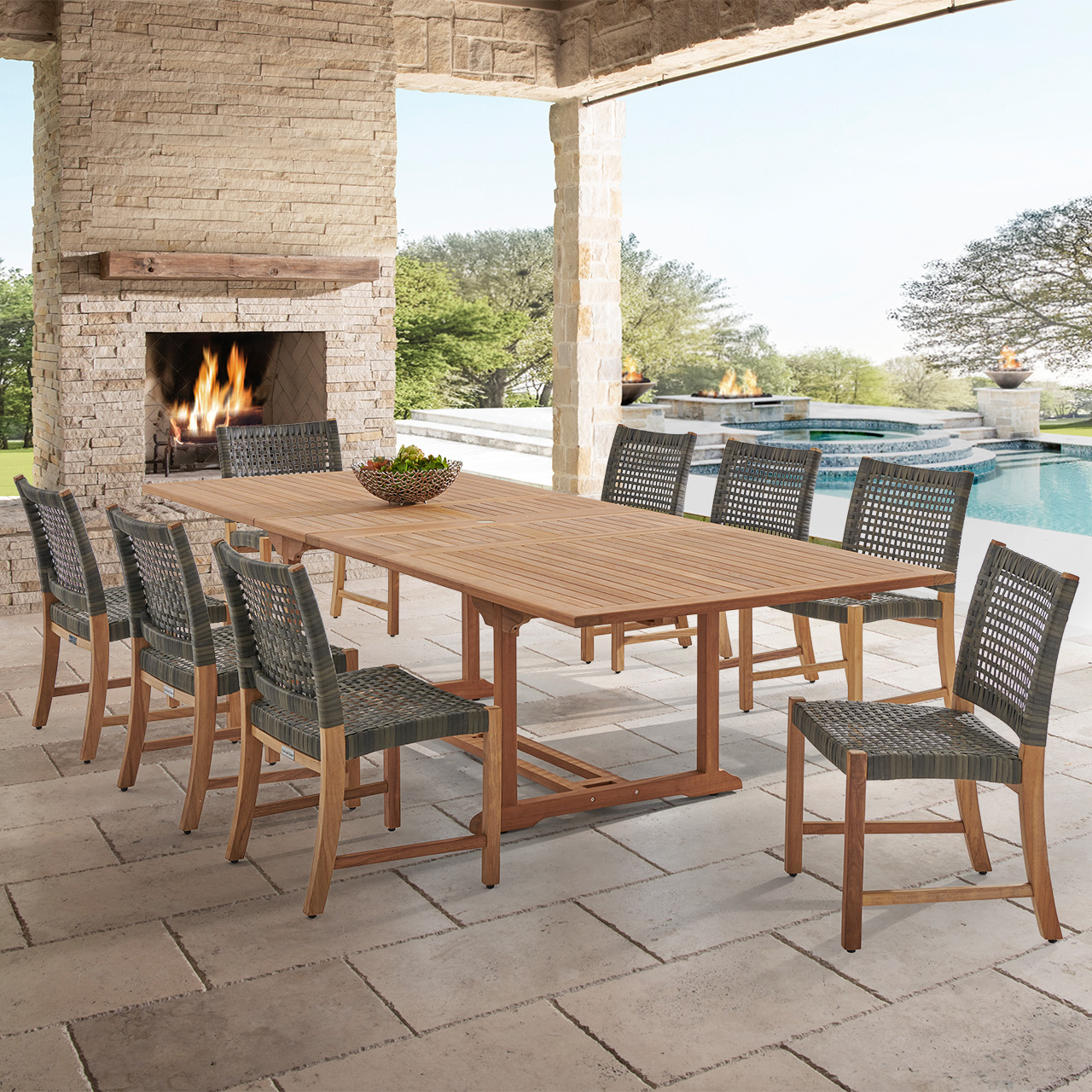 Hampton Driftwood Outdoor Wicker and Solid Teak 9 Piece Side