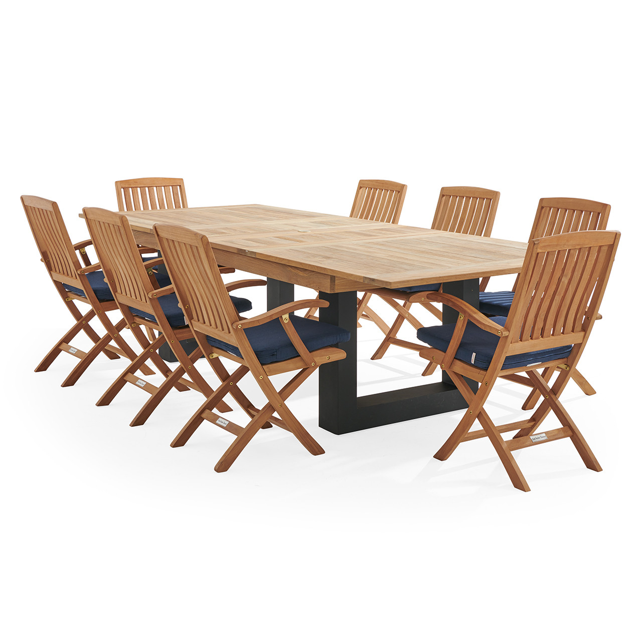 Westport Teak with Cushions 9 Piece Arm Dining Set + Balencia 87-118 x 47 in. Double Extension Table