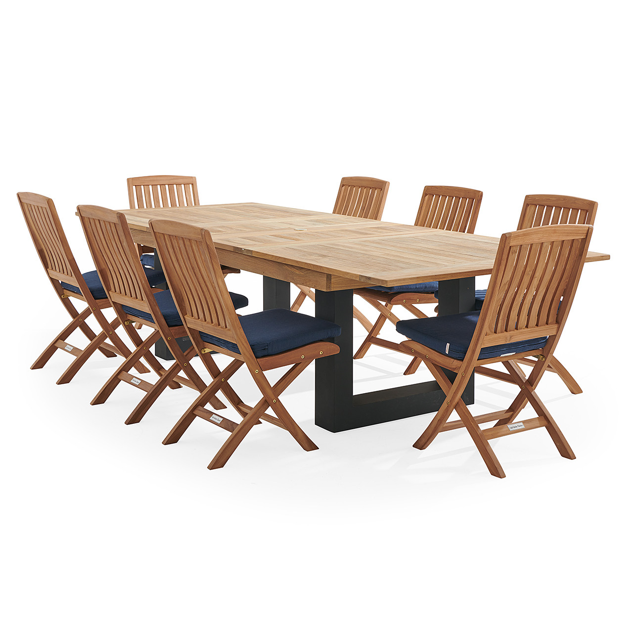 Westport Teak with Cushions 9 Piece Armless Dining Set + Balencia 87-118 x 47 in. Double Extension Table