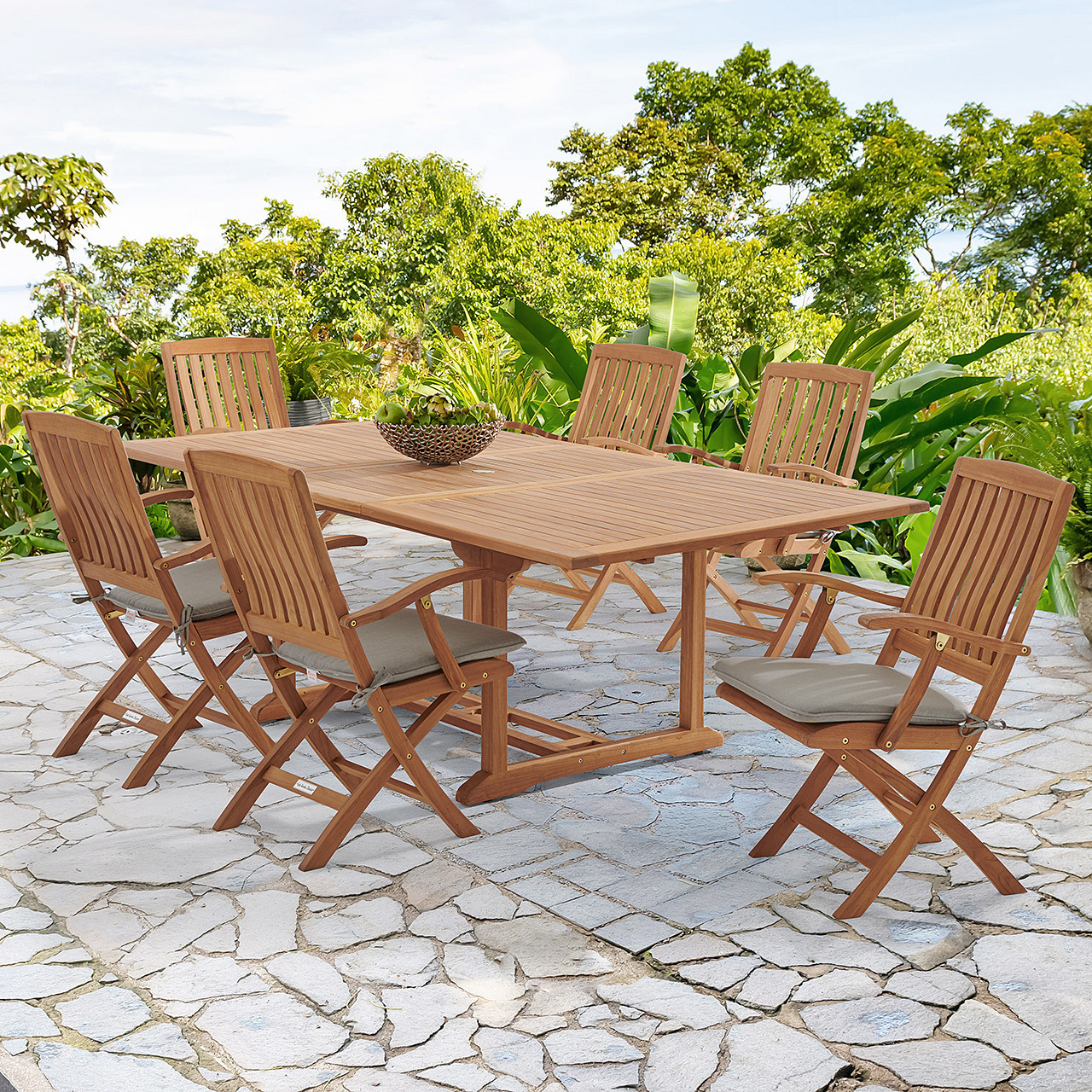 Westport Teak with Cushions 7 Piece Arm Dining Set + Bristol 67-87 x 47 in. Extension Table