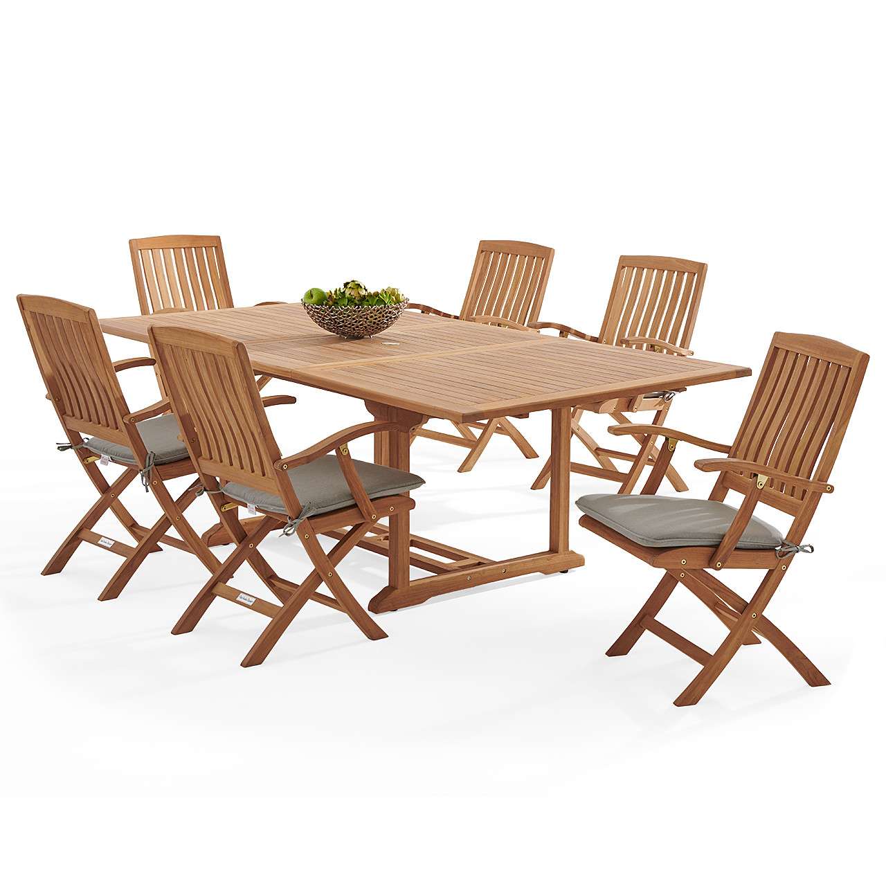 Westport Teak with Cushions 7 Piece Arm Dining Set + Bristol 67-87 x 47 in. Extension Table