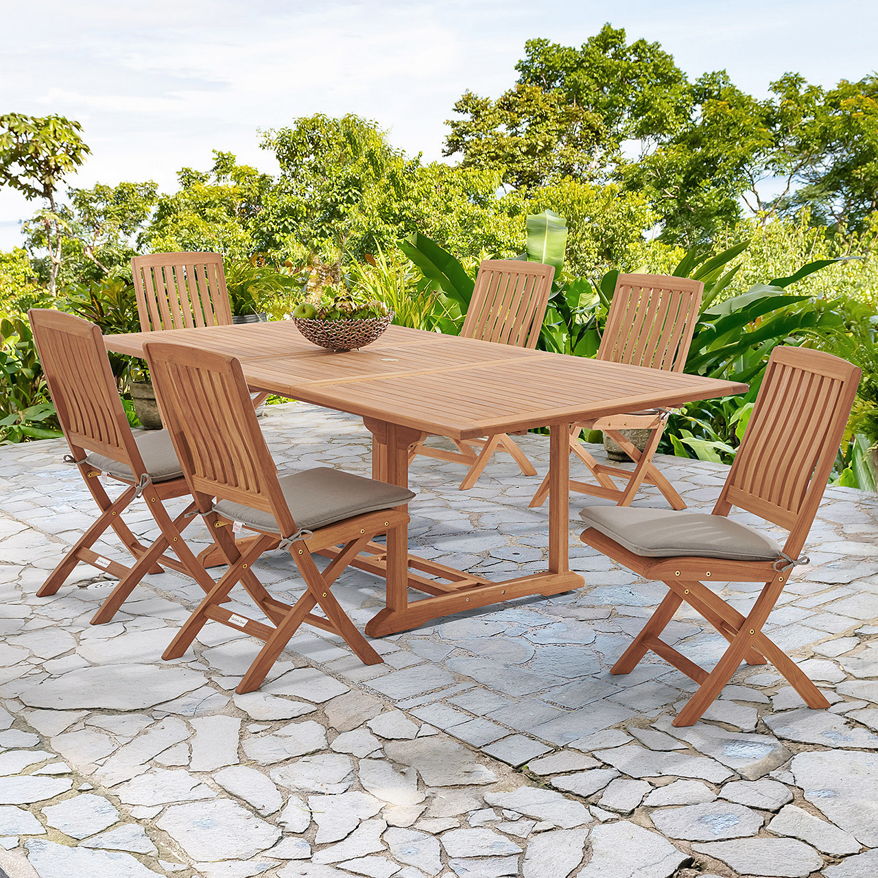 Westport Teak with Cushions 7 Piece Armless Dining Set + Bristol 67-87 x 47 in. Extension Table