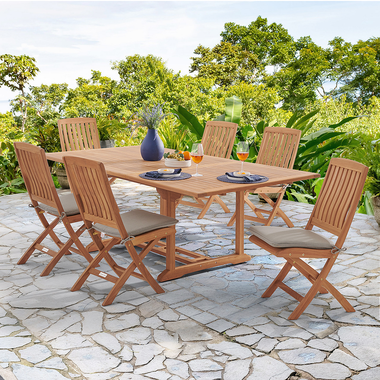 Westport Teak with Cushions 7 Piece Armless Dining Set + Bristol 67-87 x 47 in. Extension Table