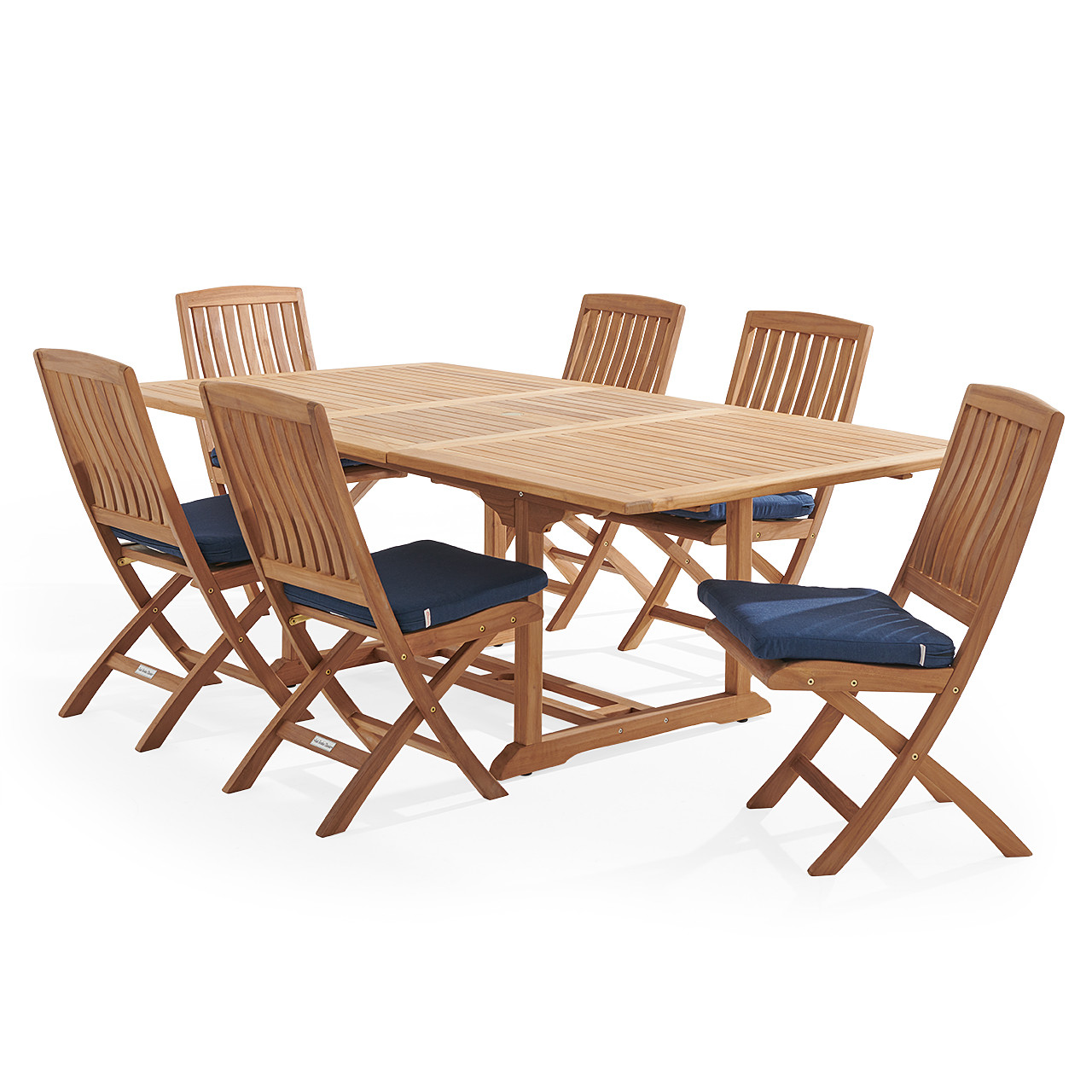 Westport Teak with Cushions 7 Piece Armless Dining Set + Bristol 67-87 x 47 in. Extension Table